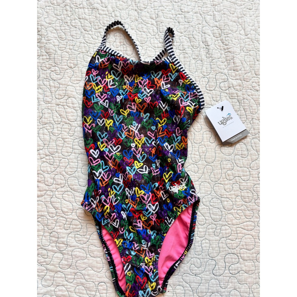 Dolfin Uglies Girls One Piece Swimsuit Rainbow‎ Hearts Striped Straps Size 30